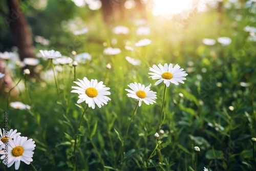 Daisies Bloom in a Green Field During Sunset Near a Forest in Spring