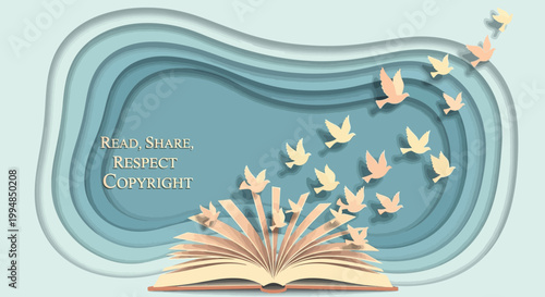An open book releasing a flock of birds, symbolizing the freedom of knowledge and creativity with the words Read, Share, Respect, Copyright