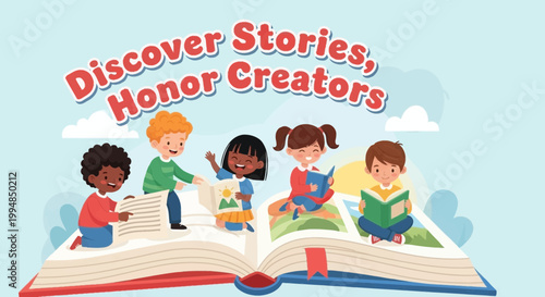 Diverse group of happy children engrossed in reading a giant storybook, fostering imagination and love for learning in a whimsical setting