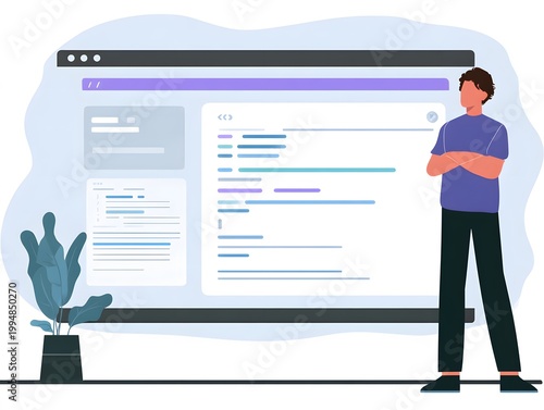 Software Developer Illustration with Web Browser and Code Interface