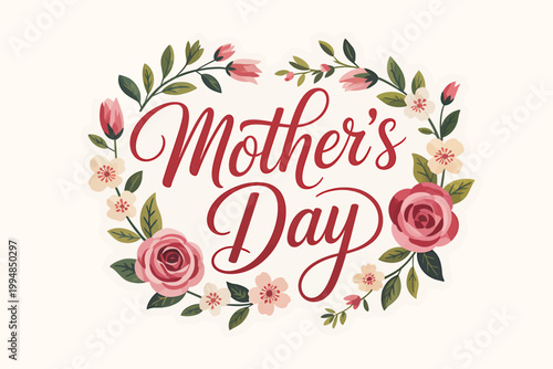Mothers Day greeting with floral wreath and roses on white background