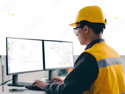 Industrial Engineer in Hard Hat Working on Control System Software
