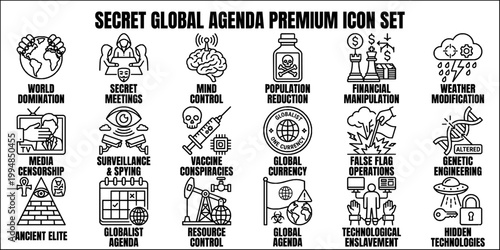 Mystery, secret society and global conspiracy line art icons