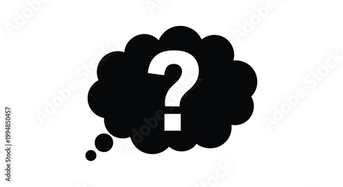 A stark black thought bubble contains a large white question mark symbolizing uncertainty and inquiry high quality professional
