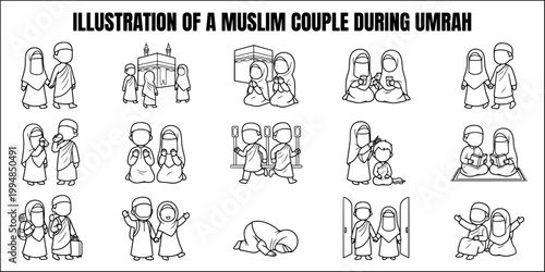 Faceless muslim couple umrah pilgrimage coloring page illustration