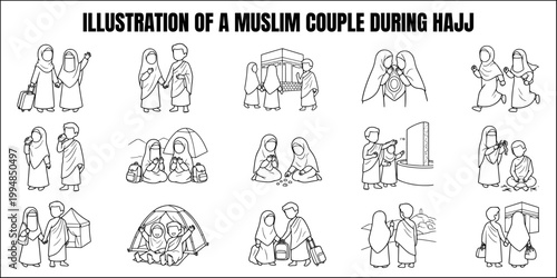 Faceless muslim couple hajj pilgrimage coloring page illustration