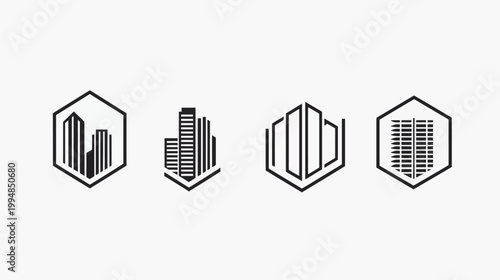 Four black and white abstract city skyline icons within hexagonal frames on a white background