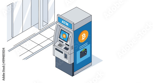 Isometric Bitcoin ATM Vector Illustration for Cryptocurrency Exchange, Digital Banking, and Blockchain Financial Services