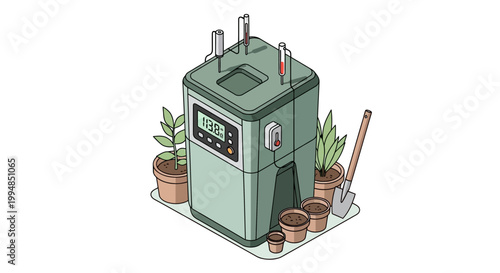 Smart Indoor Composter Machine for Organic Waste Management and Urban Gardening - Isometric Illustration of Sustainable Home Technology