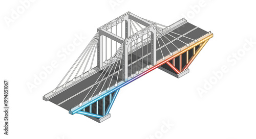 3D Isometric Illustration of a Modern Cable-Stayed Bridge with Vibrant Color Gradient, Civil Engineering and Infrastructure Concept on White Background