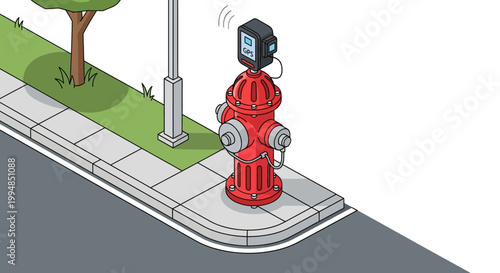 Smart City Infrastructure Isometric Illustration: Red Fire Hydrant with GPS Tracking Sensor for Urban Asset Management and IoT Technology