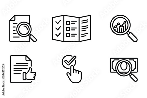 Business analytics and document auditing line icon set with analytics business document magnifying analysis feedback