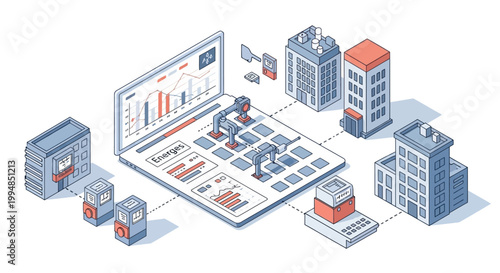 Smart Energy Management System Isometric Illustration with IoT Data Analytics Dashboard, Smart Meters, and Urban Buildings for Sustainable Power Grid Monitoring