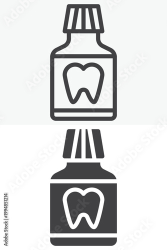 Tooth mouthwash icon in line and outline plus solid style. Hygiene bottle icon with editable stroke vector sign and symbol. Tooth icon for rinse and oral care.