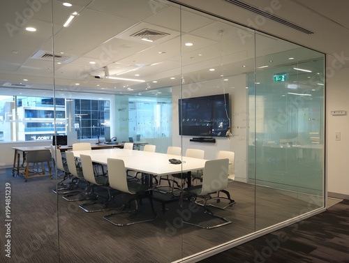 Contemporary Glass Meeting Room with Whiteboard and Large Screen Display