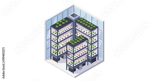 Modern Isometric Indoor Vertical Farm Illustration with Hydroponic Racks, LED Grow Lights, and Sustainable Urban Agriculture Concept