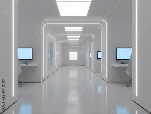 Futuristic White Office Interior with Modern Tech Workstations
