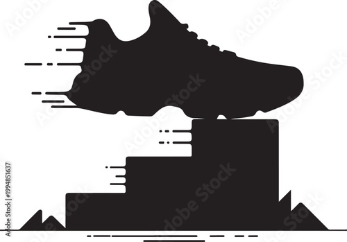 Black sneaker jumping over small obstacles with speed lines Vector