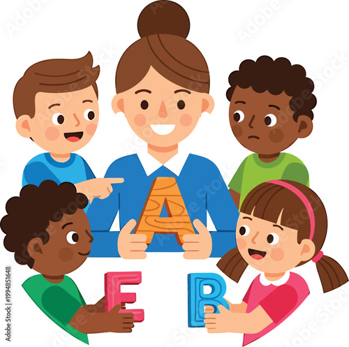 Alphabet Classroom Learning Scene Flat Vector Illustration Set
