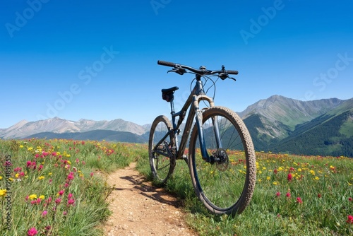 Mountain Bike on a Trail Surrounded by Flowers With Mountains in the Backgrou...