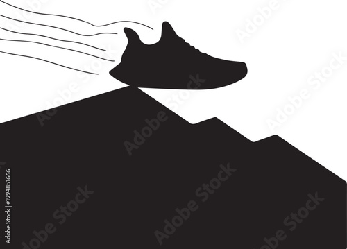 Black silhouette of sneaker on mountain peak with wind lines Vector