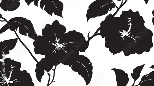 Black and white floral seamless vector pattern illustration with vintage botanical flowers, leaves, branches and decorative ornamental design for wallpaper and decor