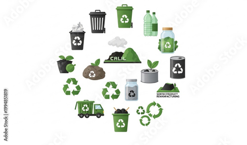 Waste management icon collection with recycle sorting and reuse vector
