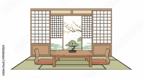 Japanese room with tatami, low table, chairs, bonsai, and open shoji screens