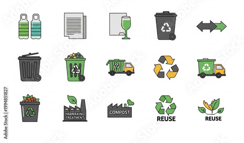 Recycling waste sorting vector icon set with garbage treatment symbols