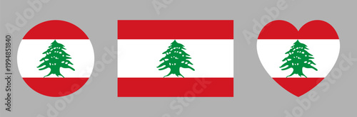 Lebanon flag icon, badge, banner in heart, circle, rectangle shape. National flag of Lebanon. Set of background, sticker, button heart shaped, round, rectangular flag of Lebanon.