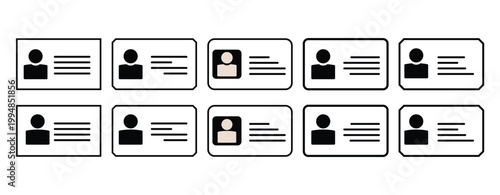 ID Card Icon Black. Face ID card. Employee clerk card, driver license,  Pass Passport Sign, Identification card, staff identification card symbol. Vector illustration.