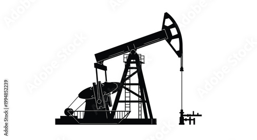 A stark black and white silhouette depicts a classic oil pump rig commonly used for extracting petroleum resources