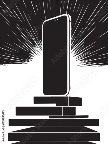 Modern smartphone on pedestal with light rays effect Vector
