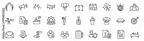Event planning web line icons set party organization wedding celebration catering ceremony management web line icons set & more vector illustration on editable stroke