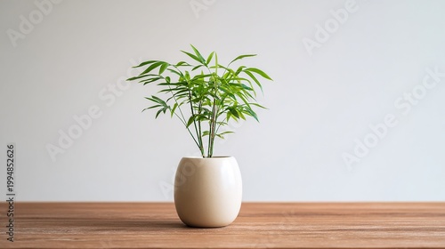 A small potted bamboo plant on a wooden table indoors