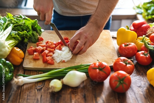 Slicing Vegetables and Fruits in a Kitchen With Fresh Ingredients on a Wooden...