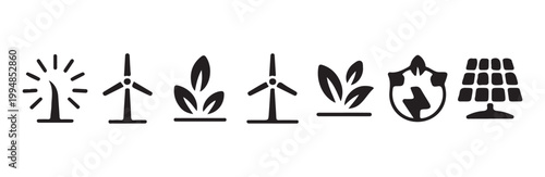 Renewable energy icons featuring sun tree, wind turbines, eco friendly leaves, and solar panel
