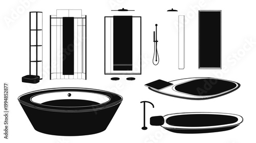 Black and white illustration of bathroom fixtures including shower, tub, towel rack and shelves