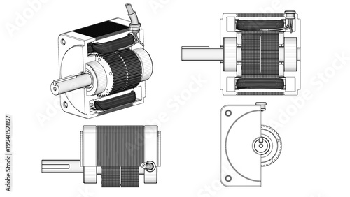 AC Servo Motor for CNC - Cross Section. Cutaway - drawing. Stepper Motor. 3D rendering isolated on white background. 3D Mesh, Sketch, Vector style. Ideal for educational, engineering