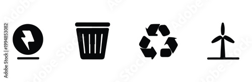 Eco friendly energy and waste management vector icons including recycle bin and wind turbine