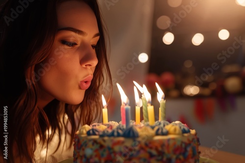 Woman Blows out Birthday Candles on Cake at a Celebration With Soft Lights in...