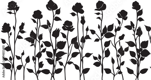 Seamless floral pattern featuring a black and white vector set of flower silhouettes and leaves for nature inspired wallpaper or decorative art design