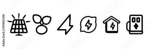 Modern linear icons representing solar panel energy production and household power systems