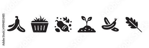 Organic waste composting elements featuring banana peel grass clippings and leaf silhouettes