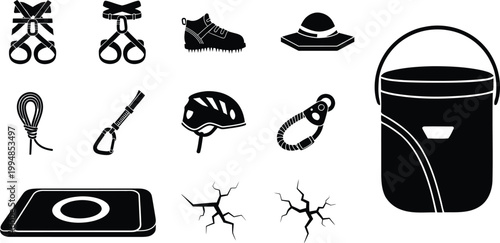 Collection of black and white icons representing various mountain climbing and bouldering equipment