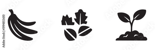 Organic compost concept icons. banana fruit, nuts and sprouting plant in pile of soil