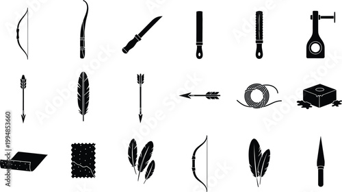 Collection of black silhouette icons representing archery equipment and ancient writing tools.