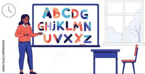 Alphabet Classroom Learning Scene Flat Vector Illustration Set
