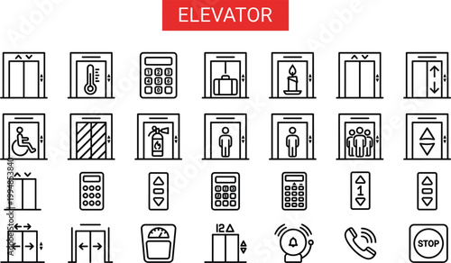 Elevator and lift icon set featuring control panels, floor buttons, accessibility symbols and vertical transportation system elements