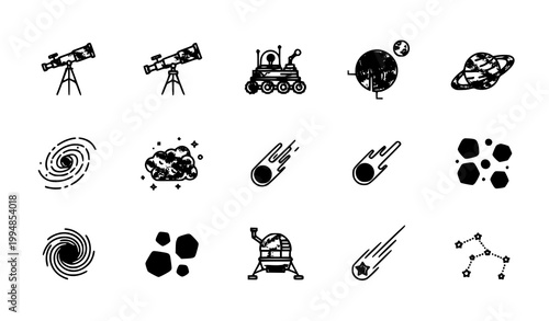 Modern Telescope and Space Exploration Icon Set with Galaxy Nebula Rover and Astronomy Elements Vector Collection